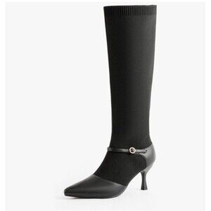 Kitten Heel Knee High Boots for Women Stretchy Knit Sock Booties Knee Sz 6 Black